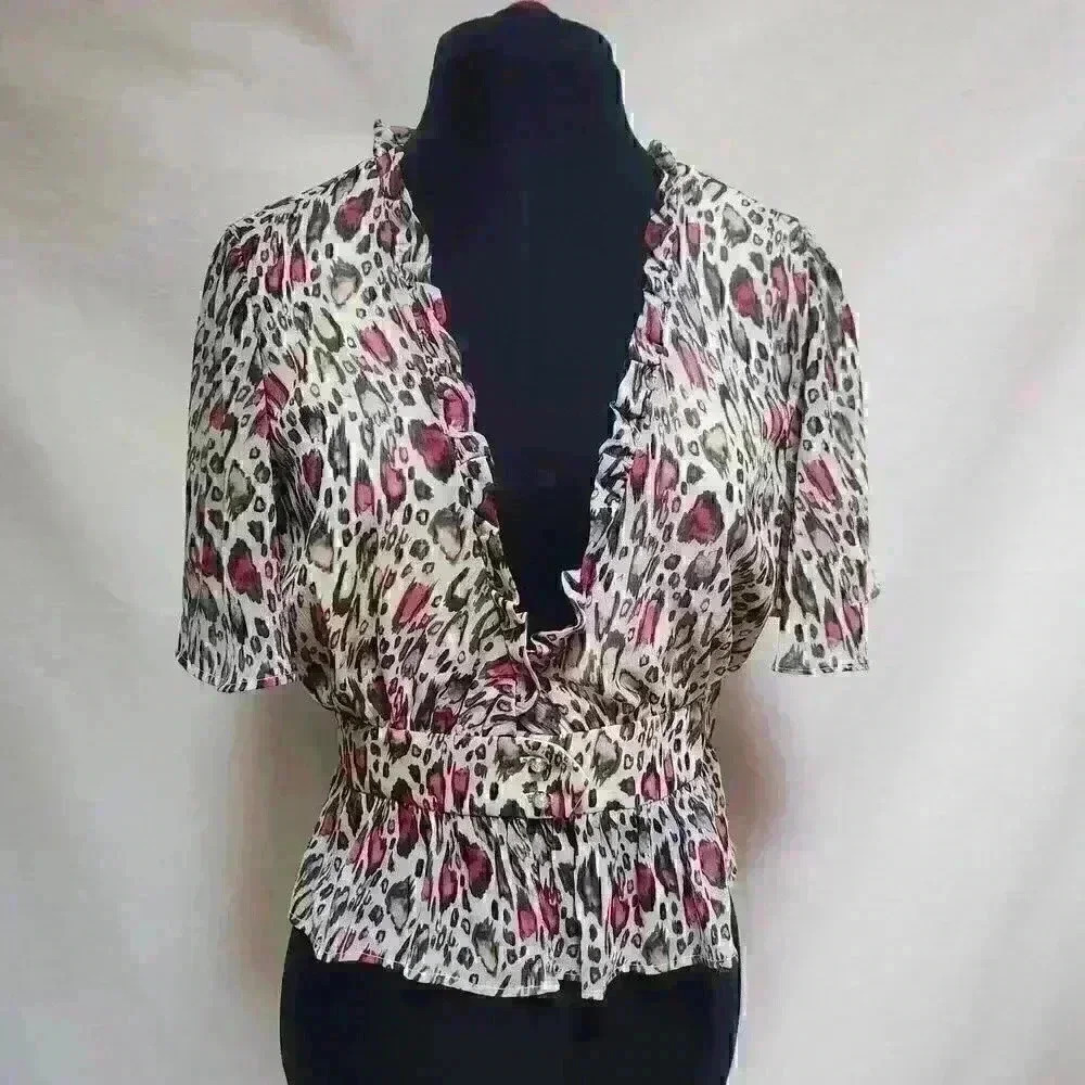 NWTMajorelle Multi-Color Georgette Fun Animal Print Ruffled Lined Peplum Top Med